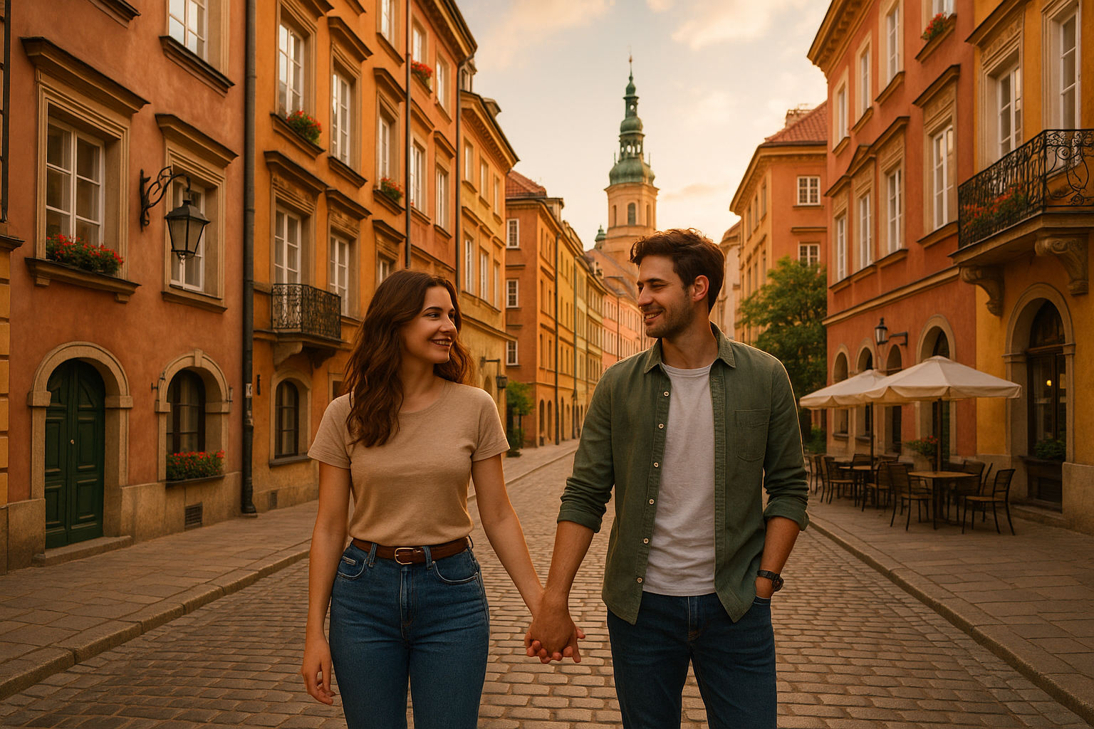make a high quality picture of a couple walking through a city in poland 