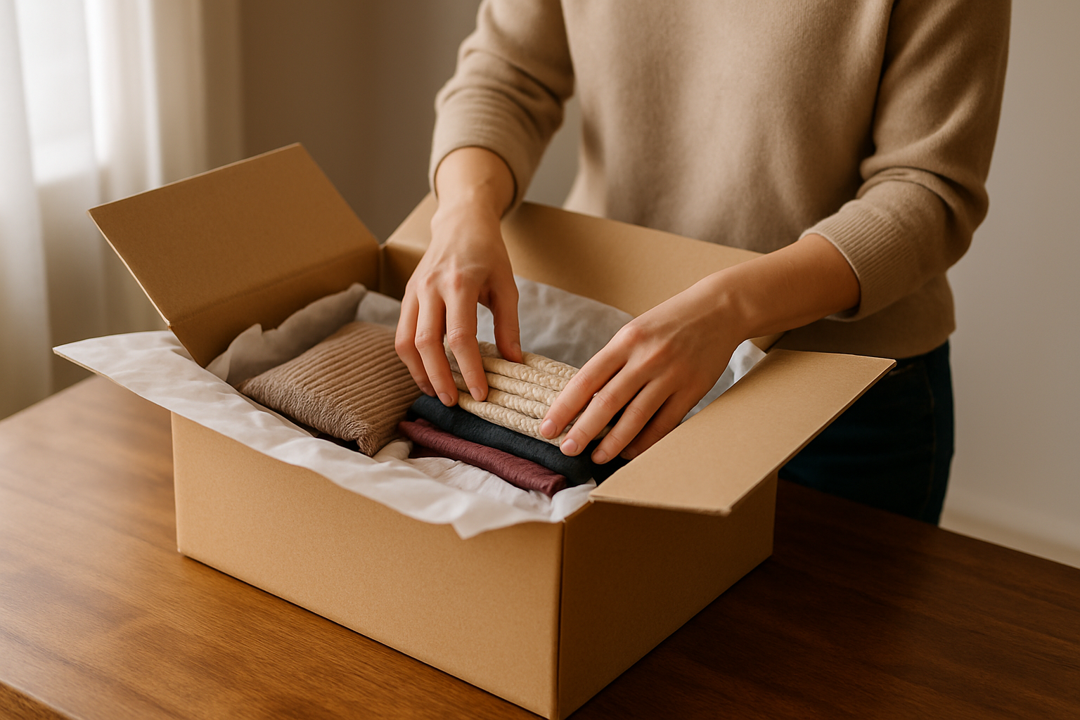 make a picture of someone packing into a parcel box, no labels or brands